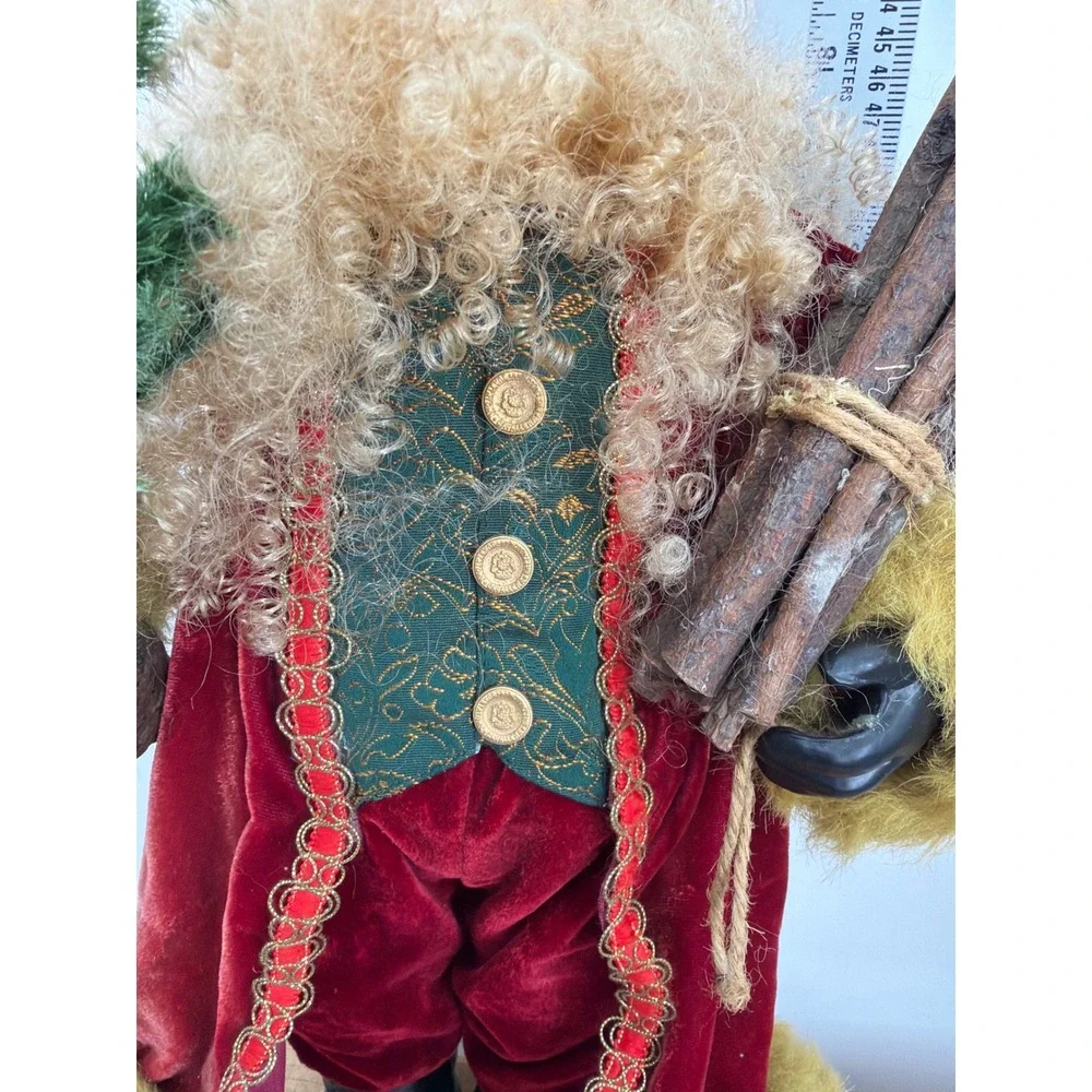 Vintage‎ Style Santa Claus Figurine Red Velvet Green Fur 18 Inch Christmas Decor